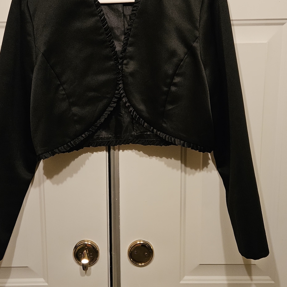 dressbarn Black Satin Bolero with Ruffle Trim